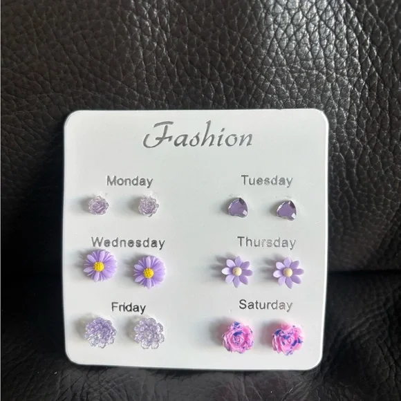 Six Day Purple Flower and Heart Stud Earring Set - Picture 2 of 4